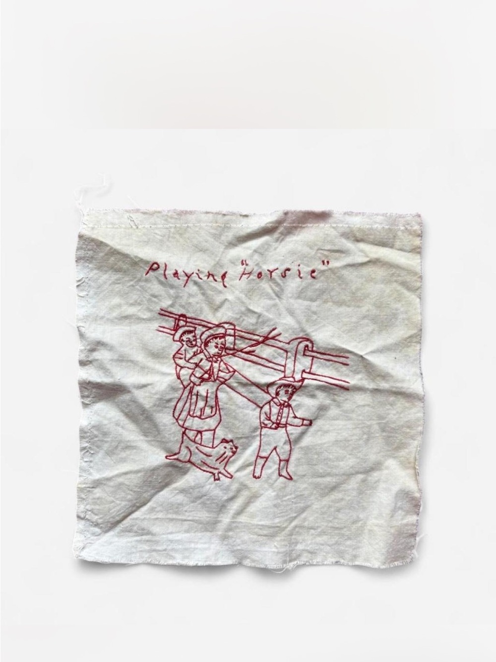 Hand-Embroidered 'Playing Horsie' Linen Panel - Red Stitching